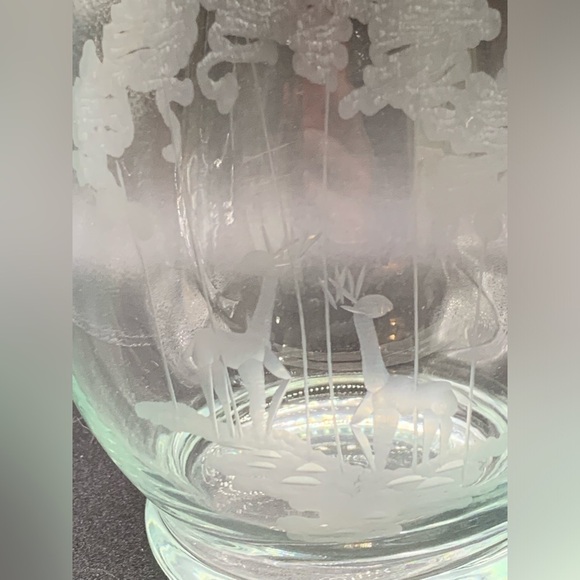 Vintage Etched Deer Forest Scene Glass Pitcher 6" - Picture 4 of 9